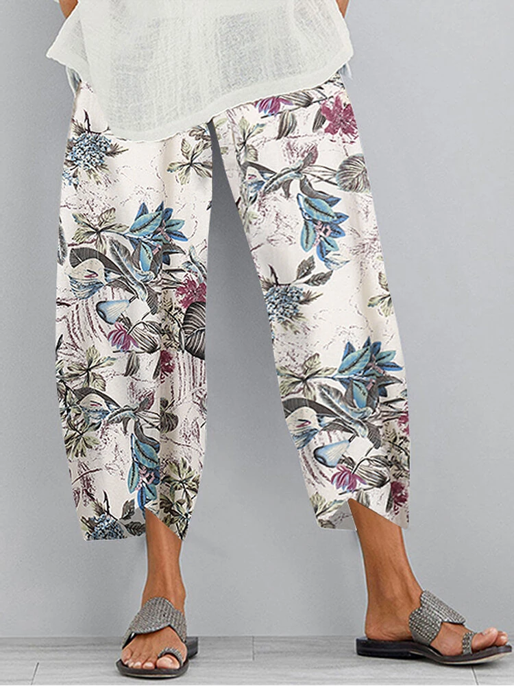 (image for)  Women Retro Floral Print Pants Elastic Waist Irregular Hem Casual Pants with Pockets Summer Comfy Cropped Trousers