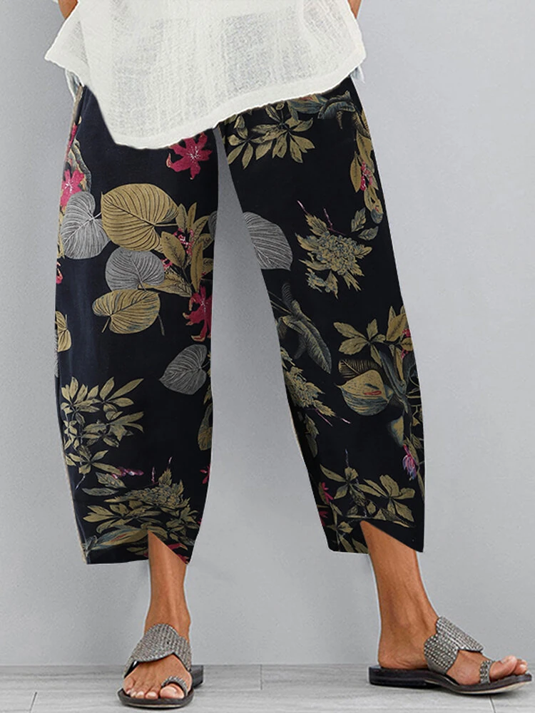 (image for)  Women Retro Floral Print Pants Elastic Waist Irregular Hem Casual Pants with Pockets Summer Comfy Cropped Trousers