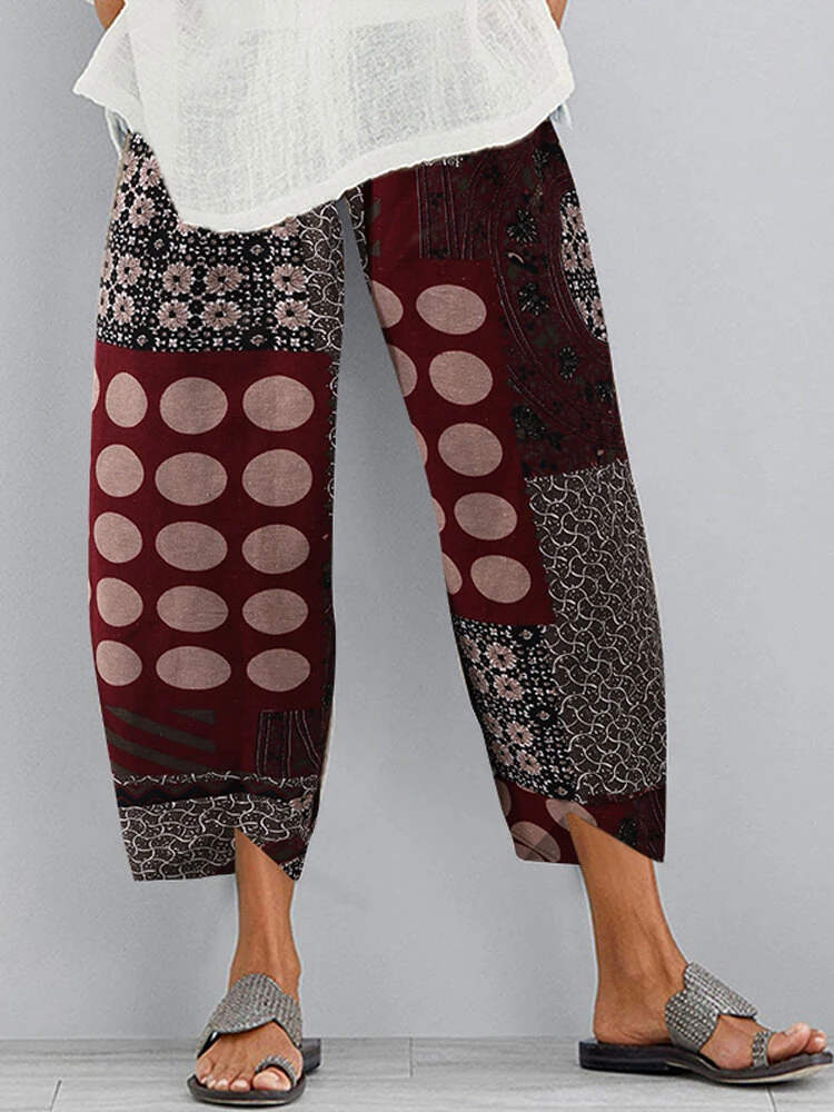 (image for)  Women Retro Floral Print Pants Elastic Waist Irregular Hem Casual Pants with Pockets Summer Comfy Cropped Trousers