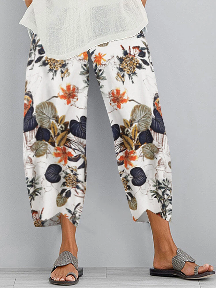 (image for)  Women Retro Floral Print Pants Elastic Waist Irregular Hem Casual Pants with Pockets Summer Comfy Cropped Trousers