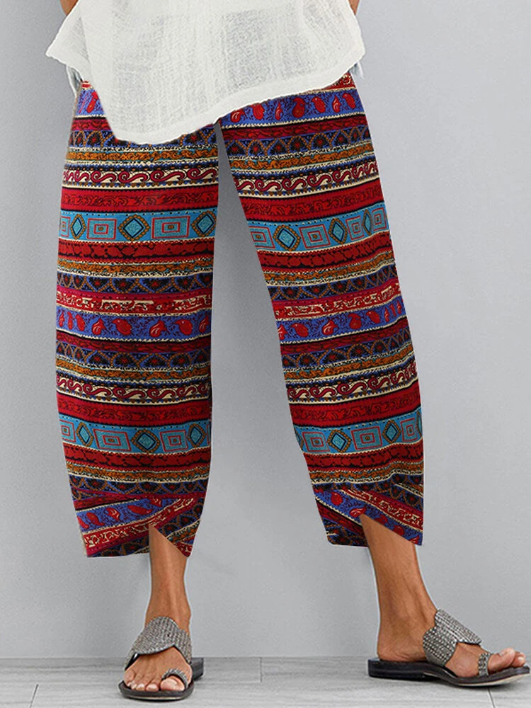 (image for)  Women Retro Floral Print Pants Elastic Waist Irregular Hem Casual Pants with Pockets Summer Comfy Cropped Trousers