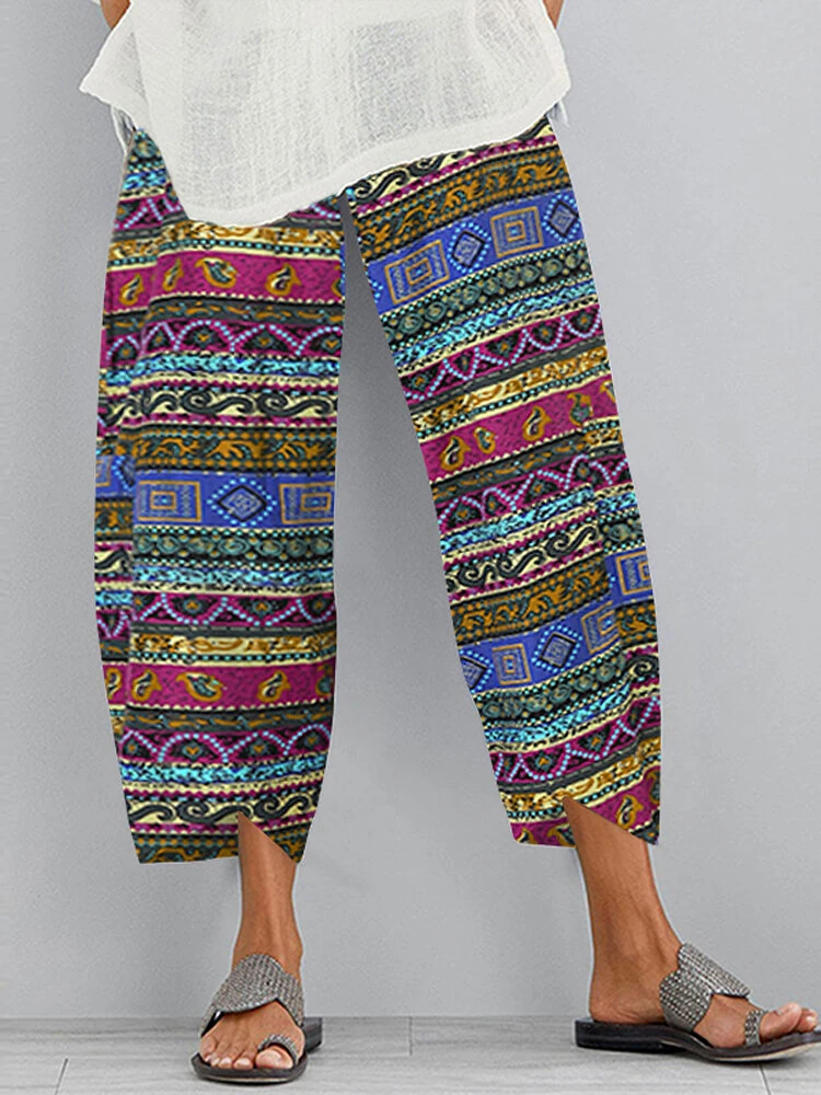 (image for)  Women Retro Floral Print Pants Elastic Waist Irregular Hem Casual Pants with Pockets Summer Comfy Cropped Trousers