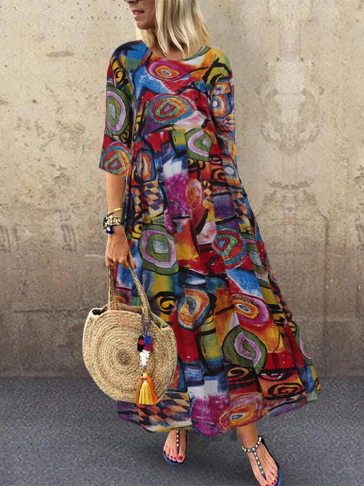 (image for)  Women Retro Graffiti Print Round Neck Pleated Casual Beach Maxi Dresses