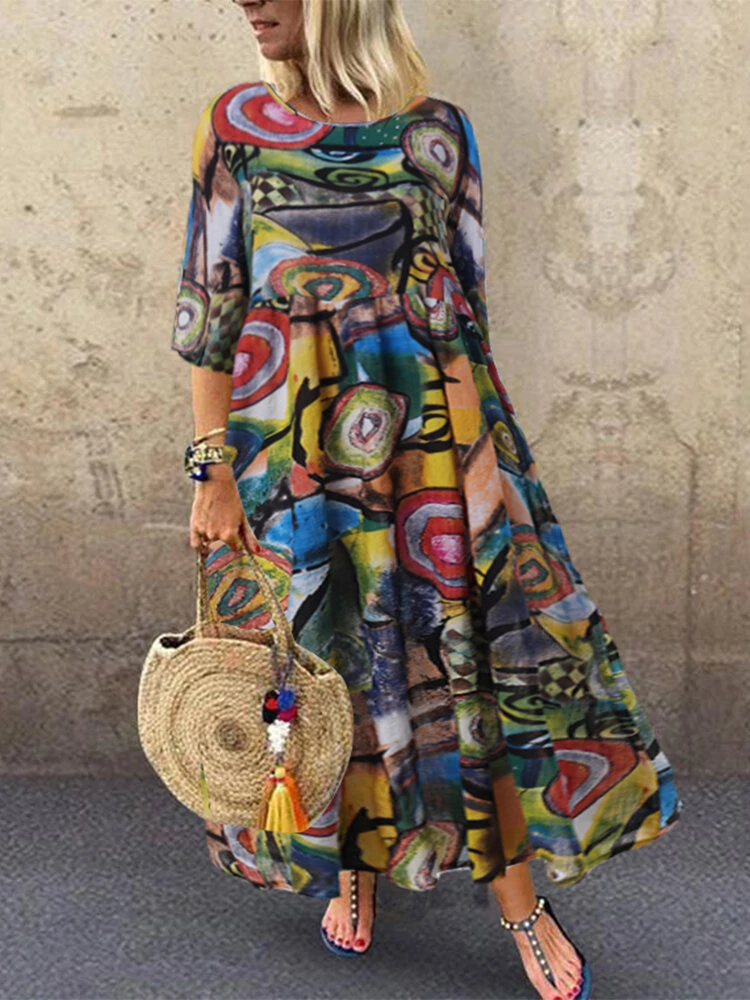 (image for)  Women Retro Graffiti Print Round Neck Pleated Casual Beach Maxi Dresses