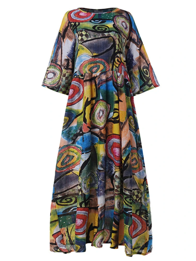 (image for)  Women Retro Graffiti Print Round Neck Pleated Casual Beach Maxi Dresses