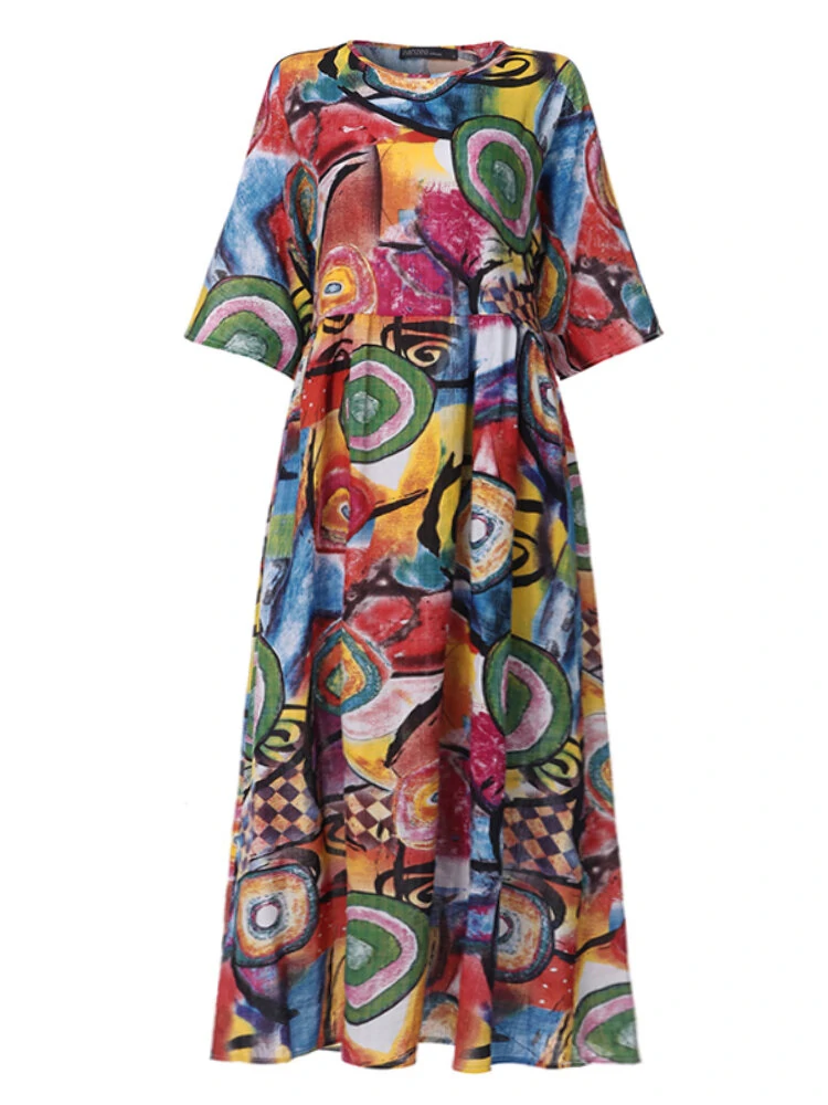(image for)  Women Retro Graffiti Print Round Neck Pleated Casual Beach Maxi Dresses