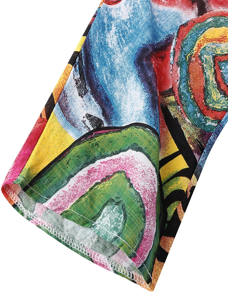 (image for)  Women Retro Graffiti Print Round Neck Pleated Casual Beach Maxi Dresses