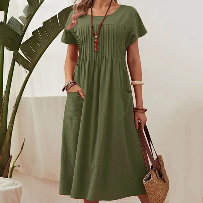 (image for)  Women Short Sleeve Pleated Party Long Dress Casual Loose Sundress Maxi Dress with Pockets