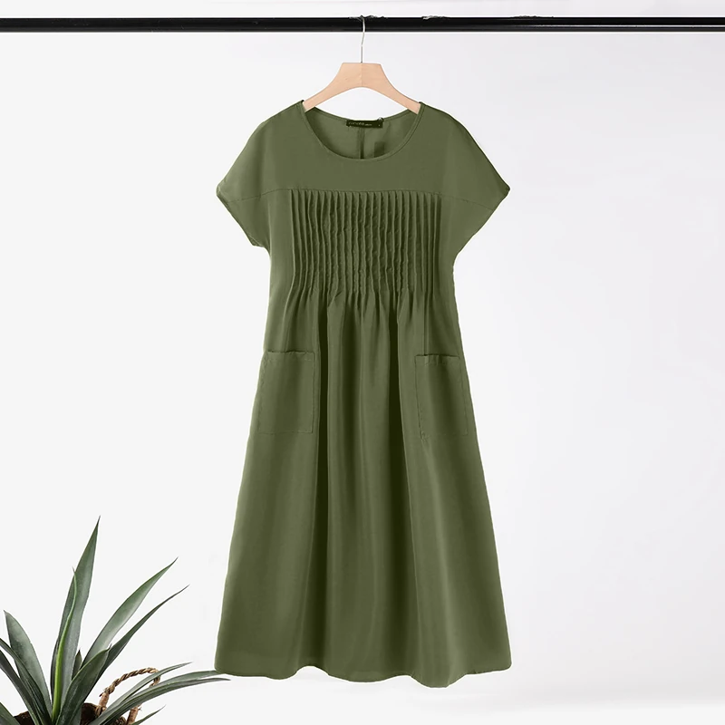 (image for)  Women Short Sleeve Pleated Party Long Dress Casual Loose Sundress Maxi Dress with Pockets