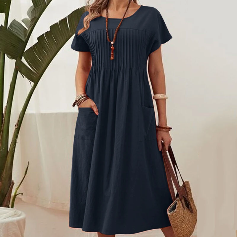 (image for)  Women Short Sleeve Pleated Party Long Dress Casual Loose Sundress Maxi Dress with Pockets