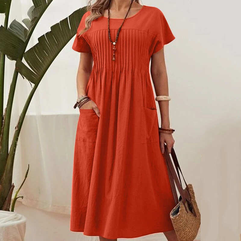 (image for)  Women Short Sleeve Pleated Party Long Dress Casual Loose Sundress Maxi Dress with Pockets