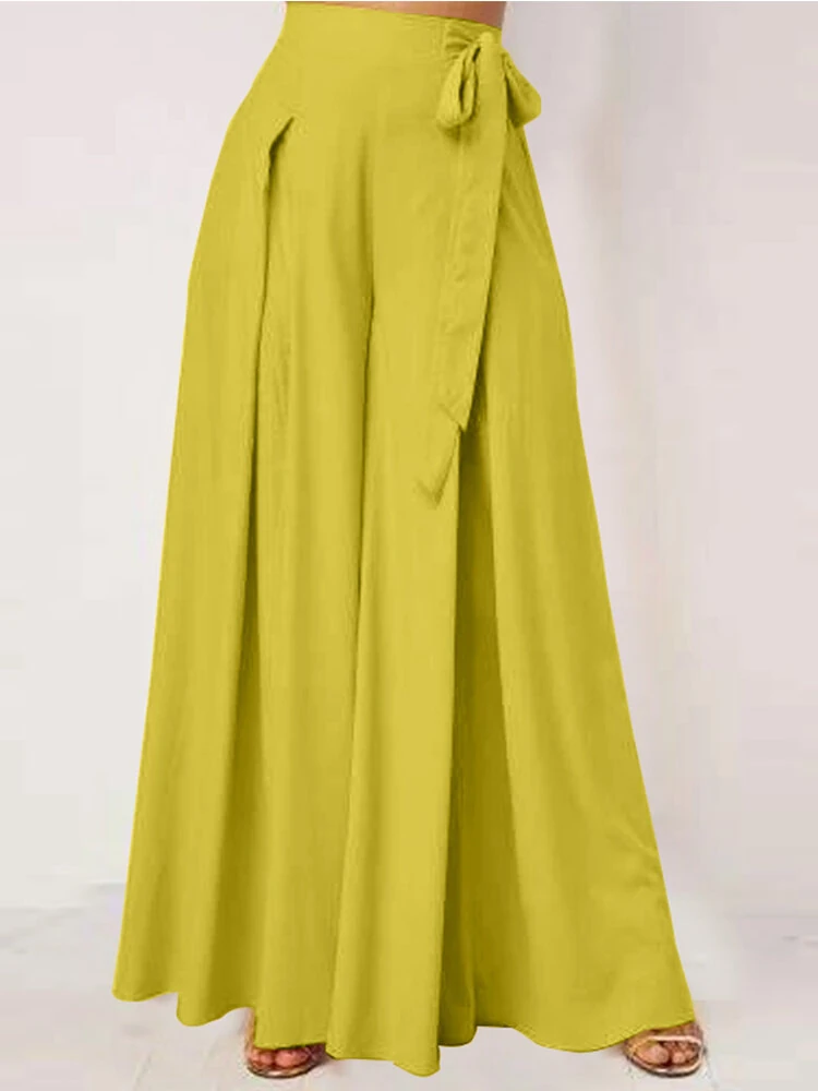 (image for)  Women Solid Color Bowknot Pleated Loose Casual Wide Leg Pants