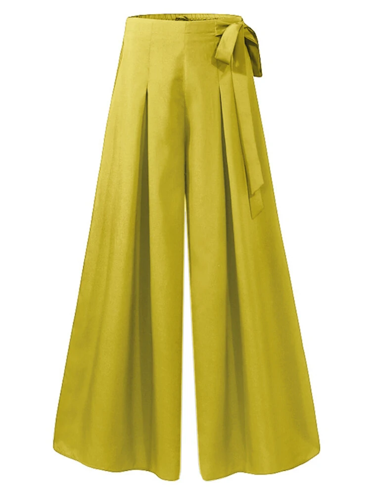 (image for)  Women Solid Color Bowknot Pleated Loose Casual Wide Leg Pants