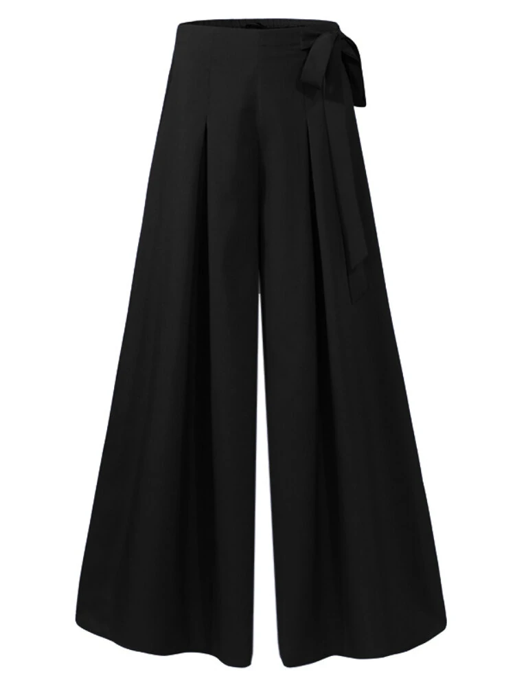 (image for)  Women Solid Color Bowknot Pleated Loose Casual Wide Leg Pants