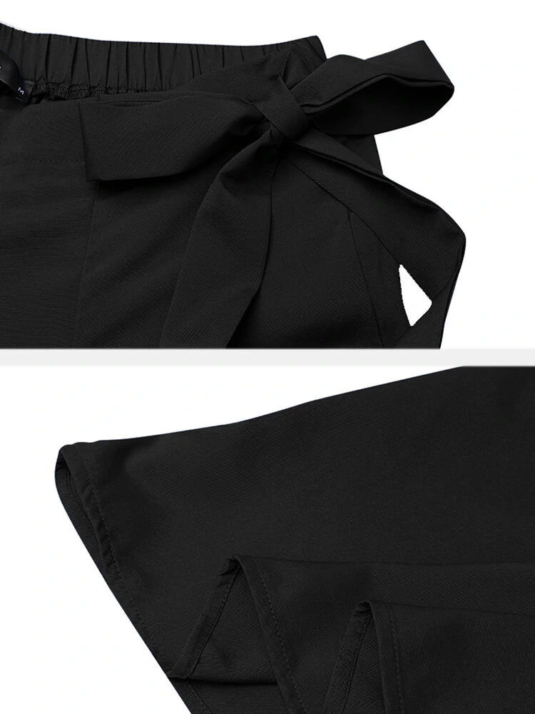 (image for)  Women Solid Color Bowknot Pleated Loose Casual Wide Leg Pants