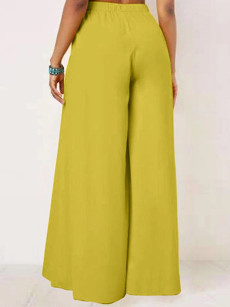 (image for)  Women Solid Color Bowknot Pleated Loose Casual Wide Leg Pants