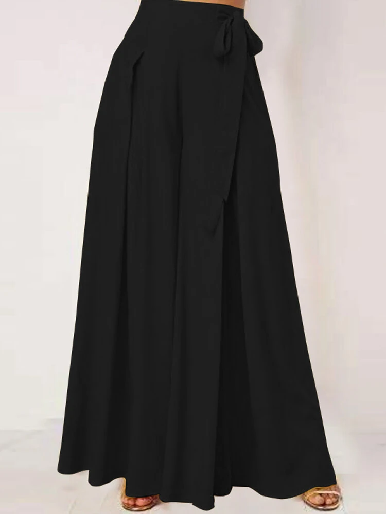 (image for)  Women Solid Color Bowknot Pleated Loose Casual Wide Leg Pants