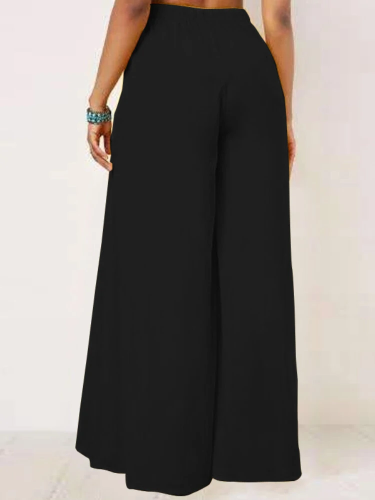(image for)  Women Solid Color Bowknot Pleated Loose Casual Wide Leg Pants