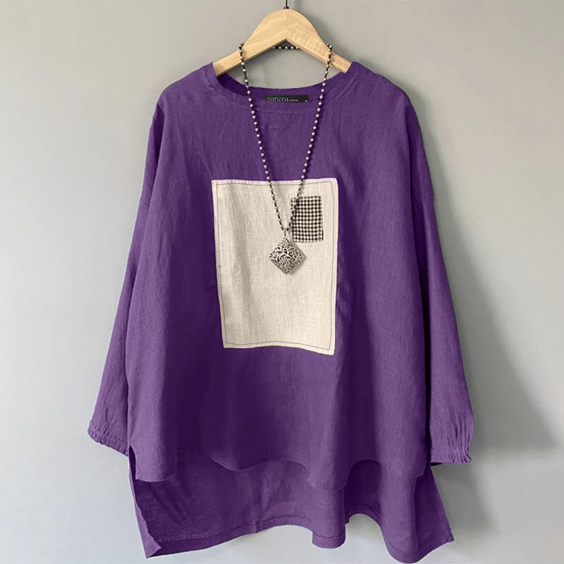 (image for)  Women Street Fashion Long Sleeve Blouse Printed Long Shirts Patchwork Retro Loose Tops