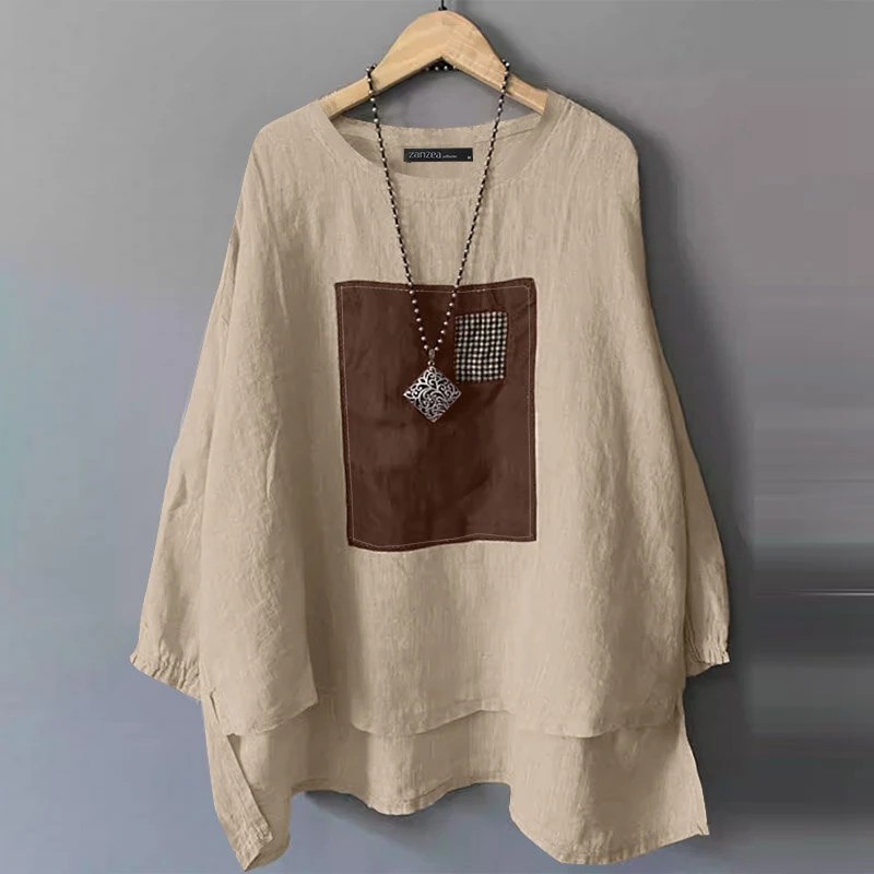 (image for)  Women Street Fashion Long Sleeve Blouse Printed Long Shirts Patchwork Retro Loose Tops