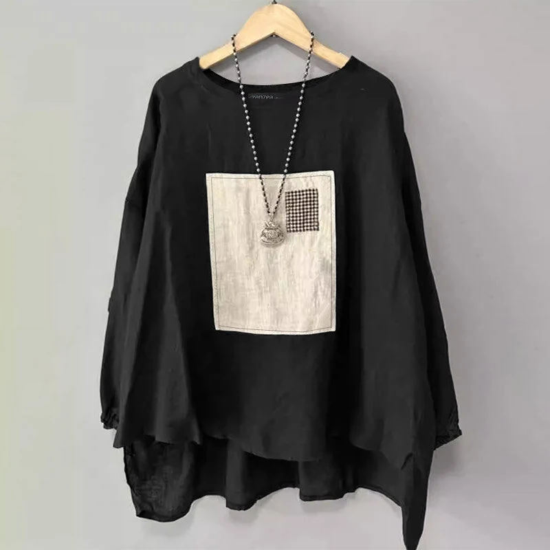 (image for)  Women Street Fashion Long Sleeve Blouse Printed Long Shirts Patchwork Retro Loose Tops