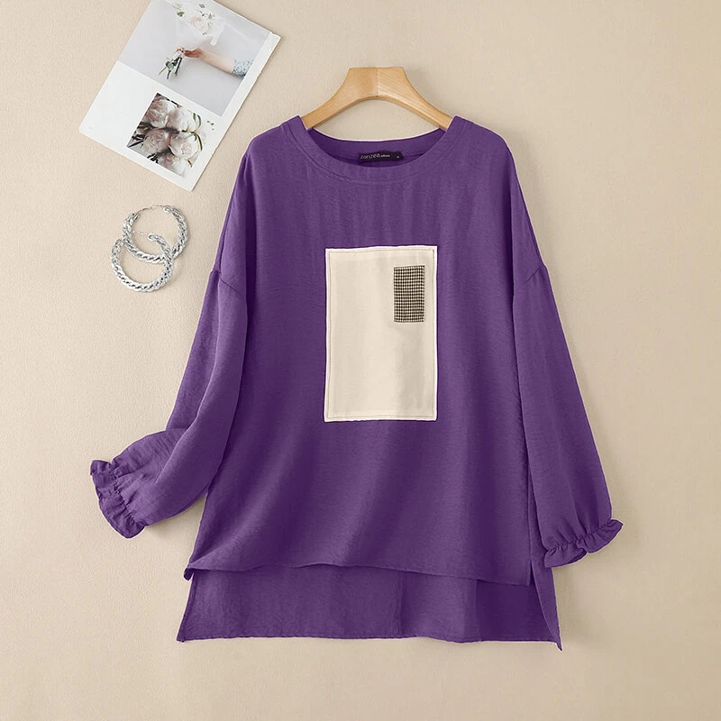 (image for)  Women Street Fashion Long Sleeve Blouse Printed Long Shirts Patchwork Retro Loose Tops