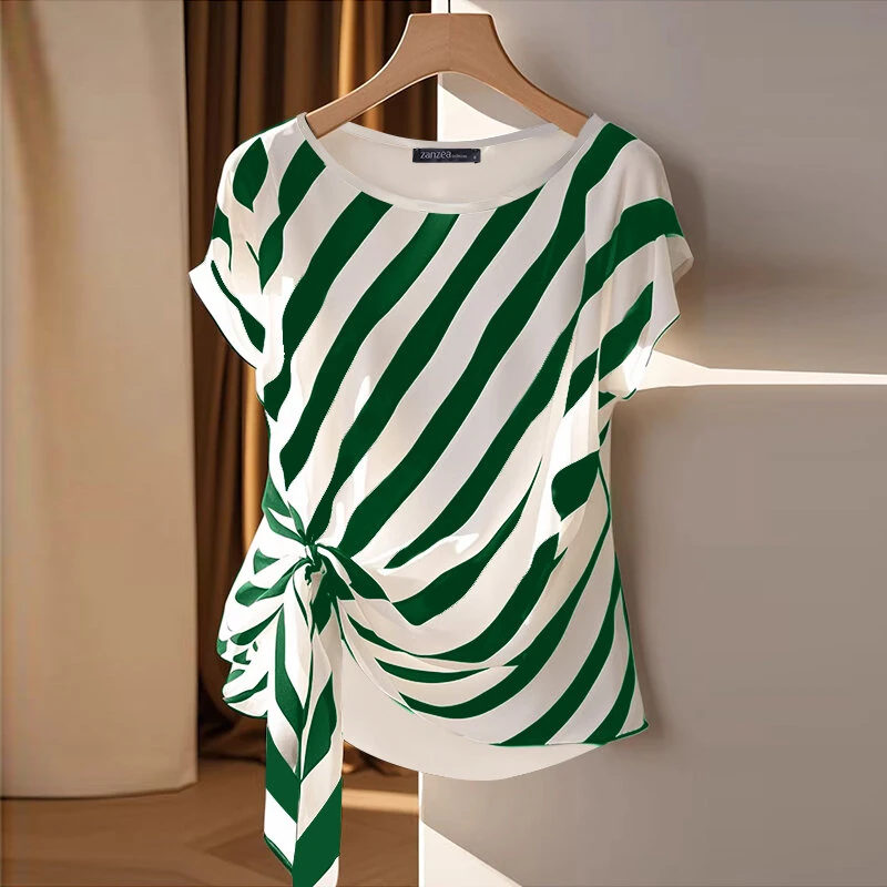 (image for)  Women Striped Printed T-shirt Fashion Short Sleeve Tee Holiday Summer Holiday Belted Design Casual Simple Tops