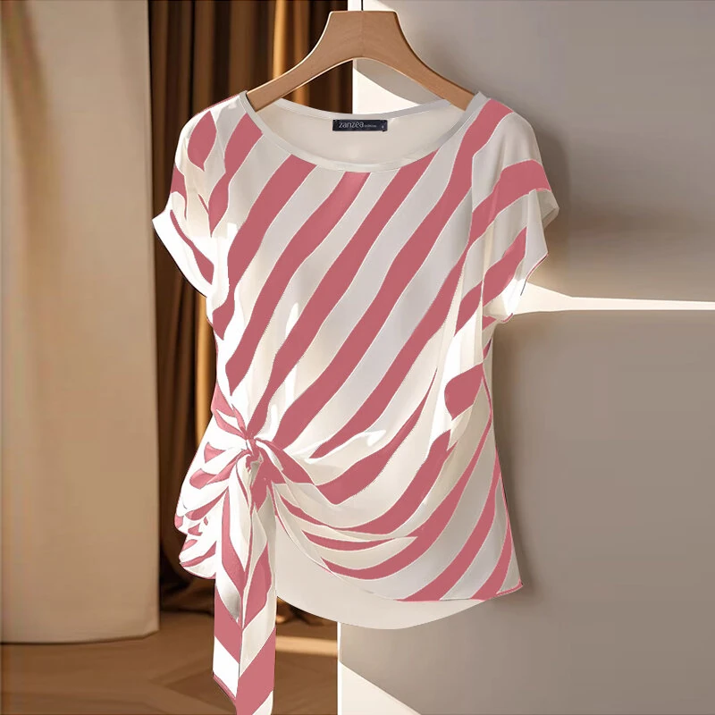 (image for)  Women Striped Printed T-shirt Fashion Short Sleeve Tee Holiday Summer Holiday Belted Design Casual Simple Tops