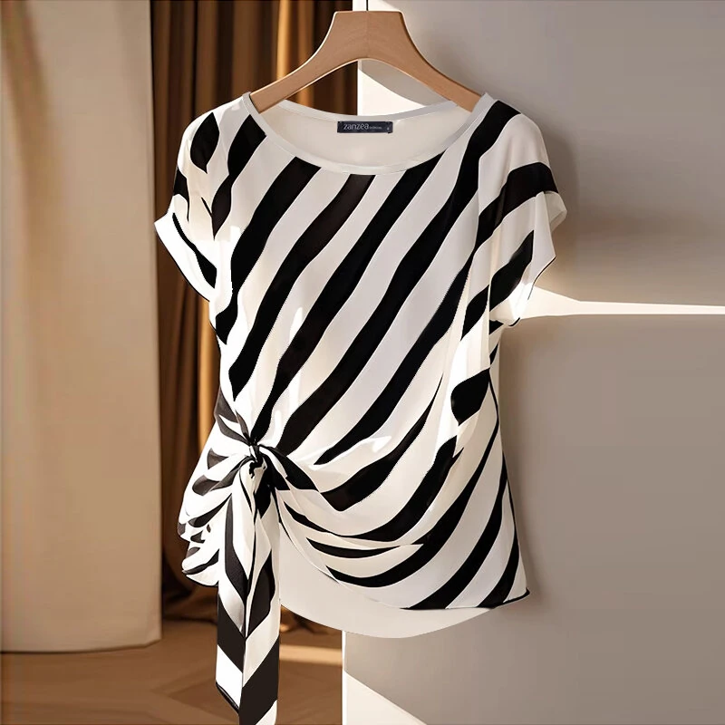 (image for)  Women Striped Printed T-shirt Fashion Short Sleeve Tee Holiday Summer Holiday Belted Design Casual Simple Tops