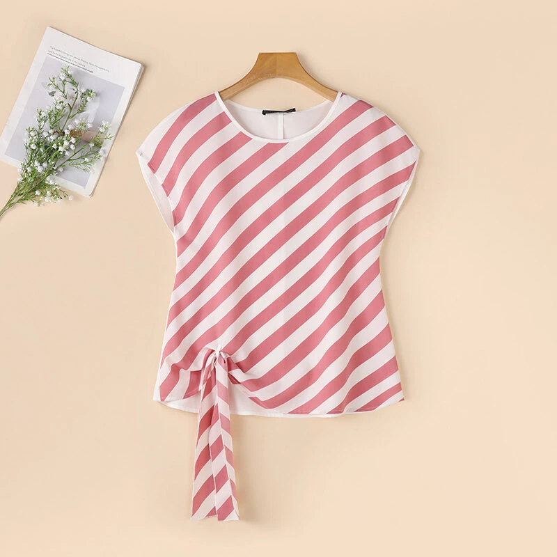 (image for)  Women Striped Printed T-shirt Fashion Short Sleeve Tee Holiday Summer Holiday Belted Design Casual Simple Tops