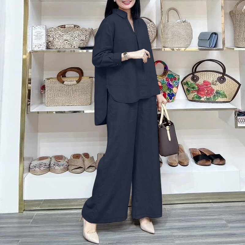 (image for)  Women Suits - Long Sleeve Lantern Sleeve Elastic Waist Pants Wide Leg Pants with Pockets Casual Tops Trousers Two-Piece Set Plus Size