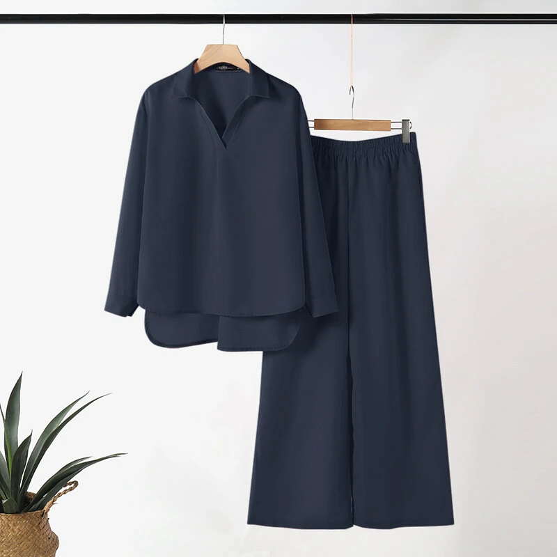(image for)  Women Suits - Long Sleeve Lantern Sleeve Elastic Waist Pants Wide Leg Pants with Pockets Casual Tops Trousers Two-Piece Set Plus Size