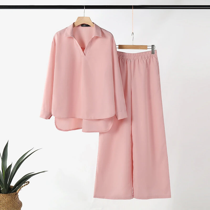 (image for)  Women Suits - Long Sleeve Lantern Sleeve Elastic Waist Pants Wide Leg Pants with Pockets Casual Tops Trousers Two-Piece Set Plus Size