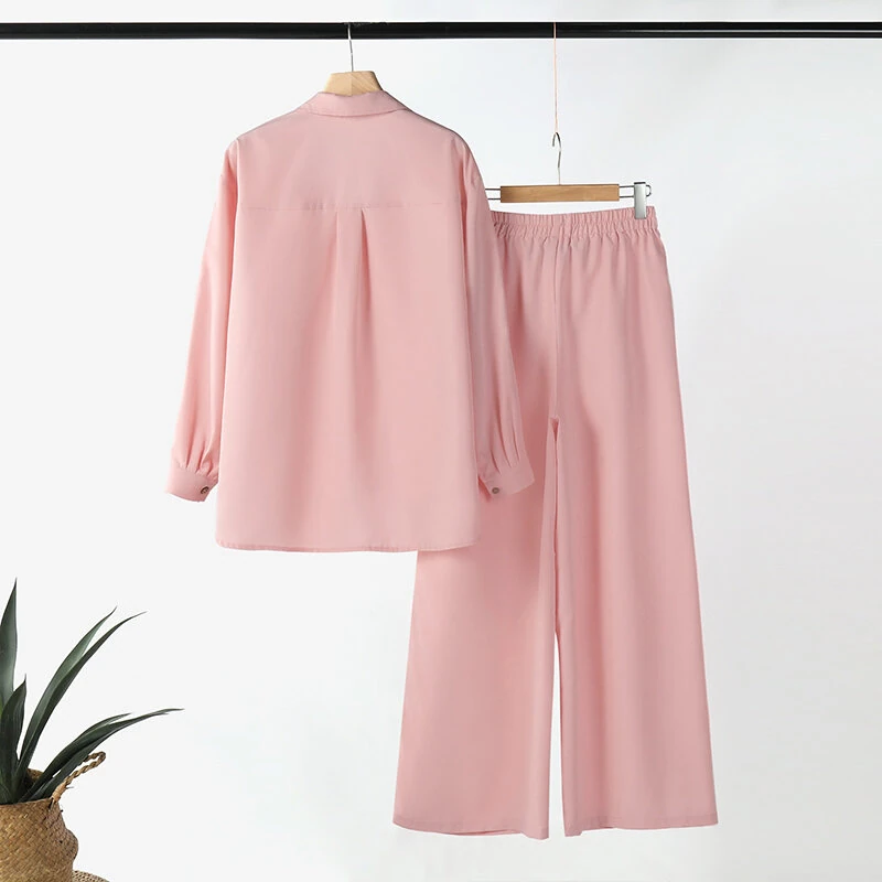 (image for)  Women Suits - Long Sleeve Lantern Sleeve Elastic Waist Pants Wide Leg Pants with Pockets Casual Tops Trousers Two-Piece Set Plus Size