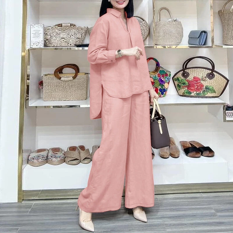 (image for)  Women Suits - Long Sleeve Lantern Sleeve Elastic Waist Pants Wide Leg Pants with Pockets Casual Tops Trousers Two-Piece Set Plus Size