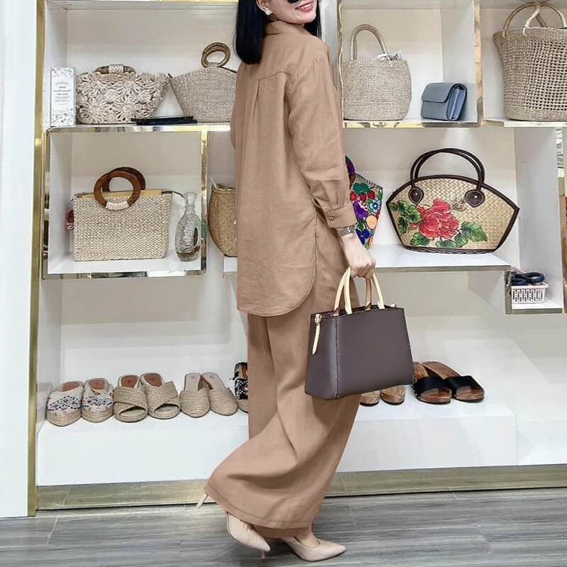 (image for)  Women Suits - Long Sleeve Lantern Sleeve Elastic Waist Pants Wide Leg Pants with Pockets Casual Tops Trousers Two-Piece Set Plus Size