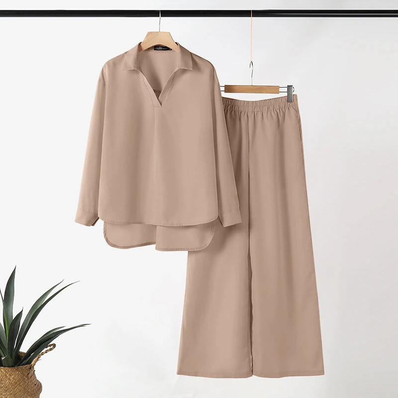 (image for)  Women Suits - Long Sleeve Lantern Sleeve Elastic Waist Pants Wide Leg Pants with Pockets Casual Tops Trousers Two-Piece Set Plus Size