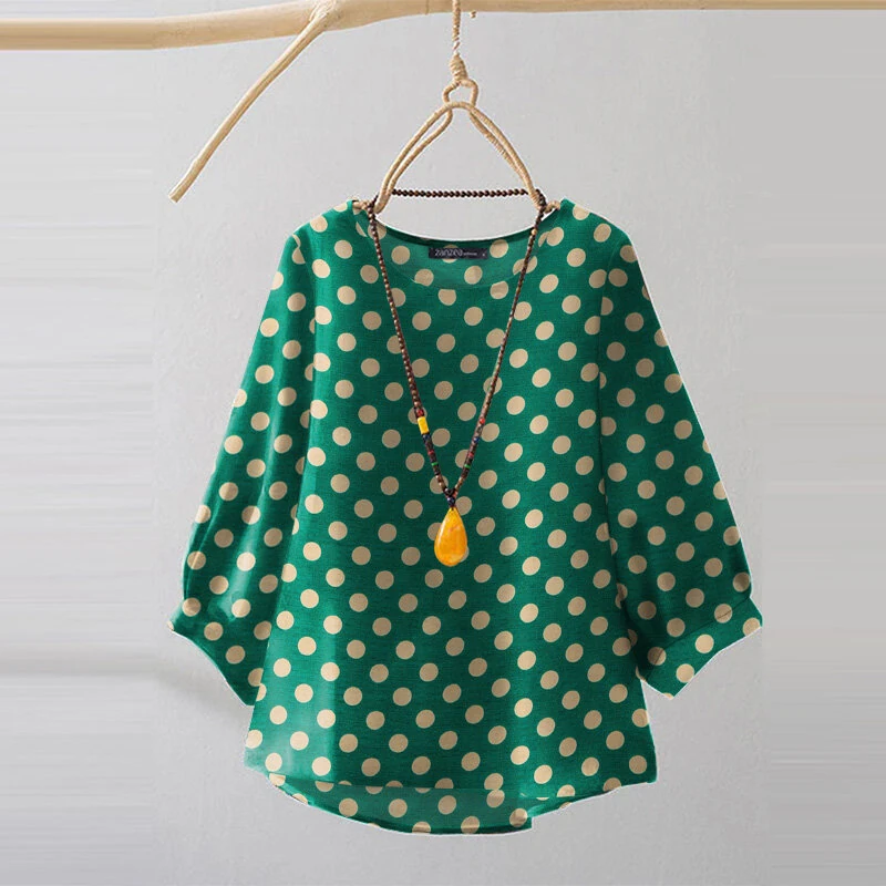 (image for)  Women Summer Casual 3/4 Sleeve Blouses O Neck Polka Dot Loose Ladylike Shirt Top