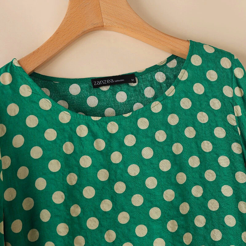 (image for)  Women Summer Casual 3/4 Sleeve Blouses O Neck Polka Dot Loose Ladylike Shirt Top