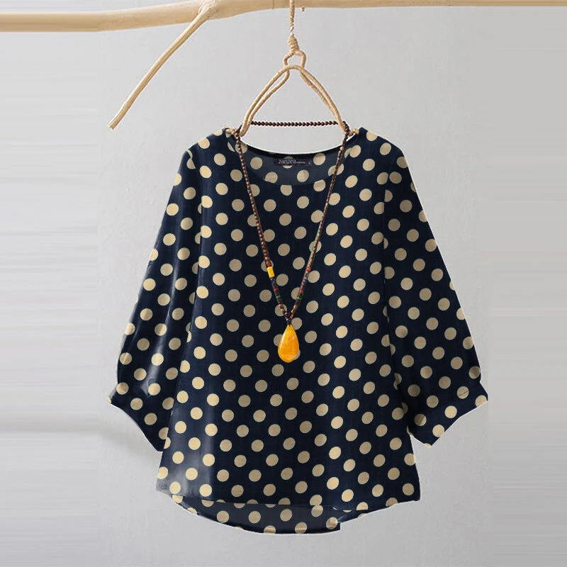 (image for)  Women Summer Casual 3/4 Sleeve Blouses O Neck Polka Dot Loose Ladylike Shirt Top