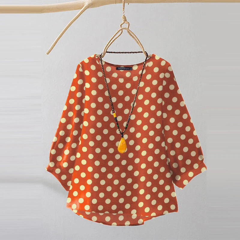 (image for)  Women Summer Casual 3/4 Sleeve Blouses O Neck Polka Dot Loose Ladylike Shirt Top