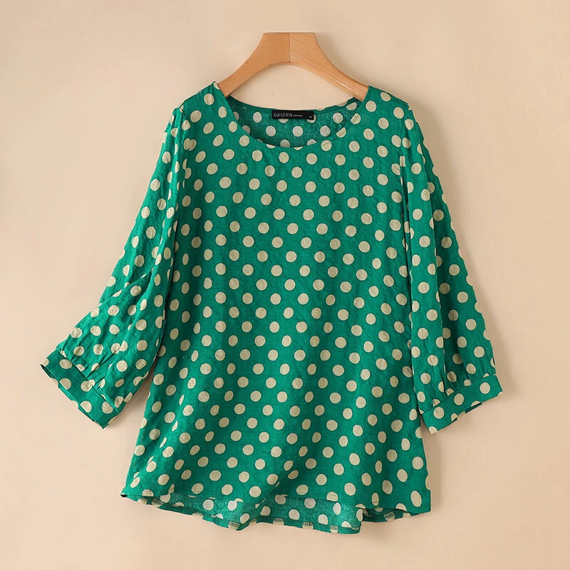 (image for)  Women Summer Casual 3/4 Sleeve Blouses O Neck Polka Dot Loose Ladylike Shirt Top