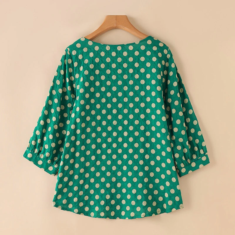 (image for)  Women Summer Casual 3/4 Sleeve Blouses O Neck Polka Dot Loose Ladylike Shirt Top