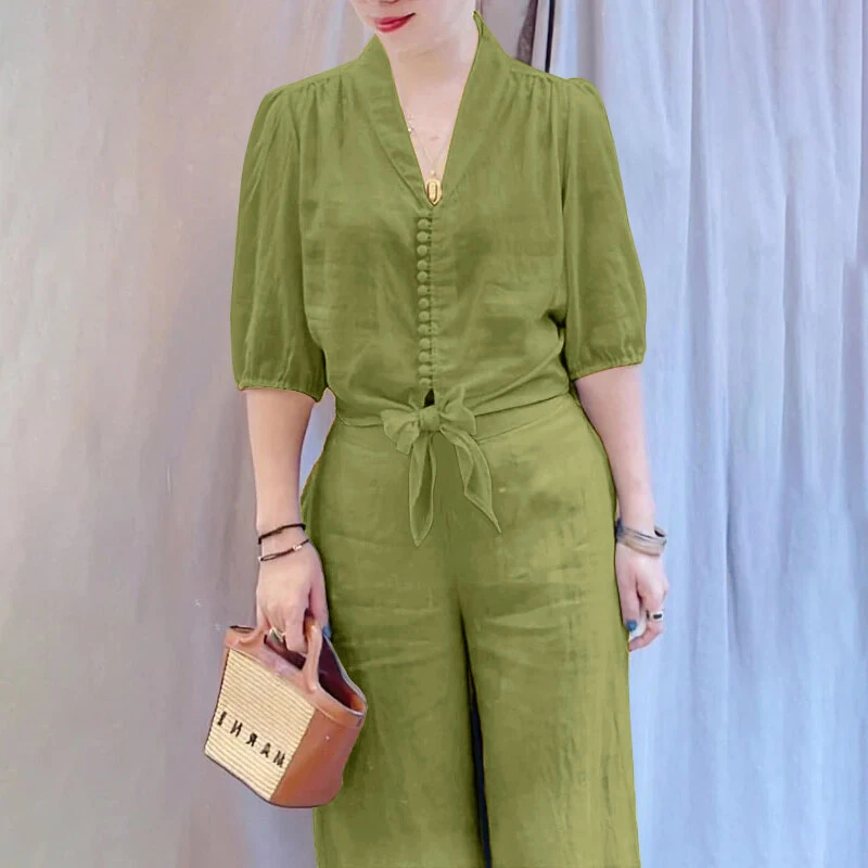 (image for)  Women Summer Daily Two-Piece Set Stylish Bubble-sleeve Cotton Linen Top & Wide-leg Pants Casual Set Plus Size