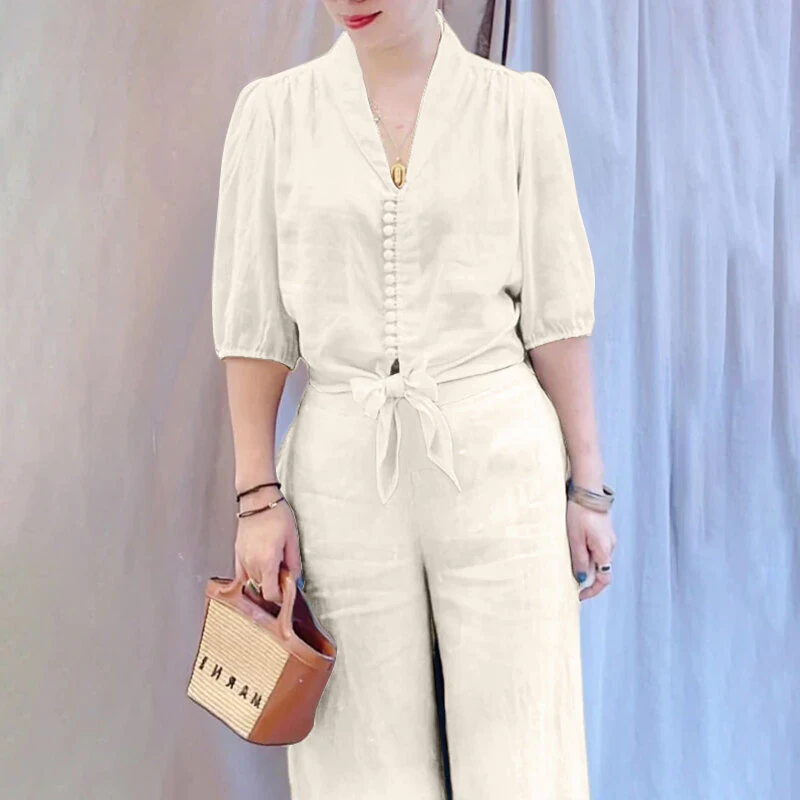 (image for)  Women Summer Daily Two-Piece Set Stylish Bubble-sleeve Cotton Linen Top & Wide-leg Pants Casual Set Plus Size