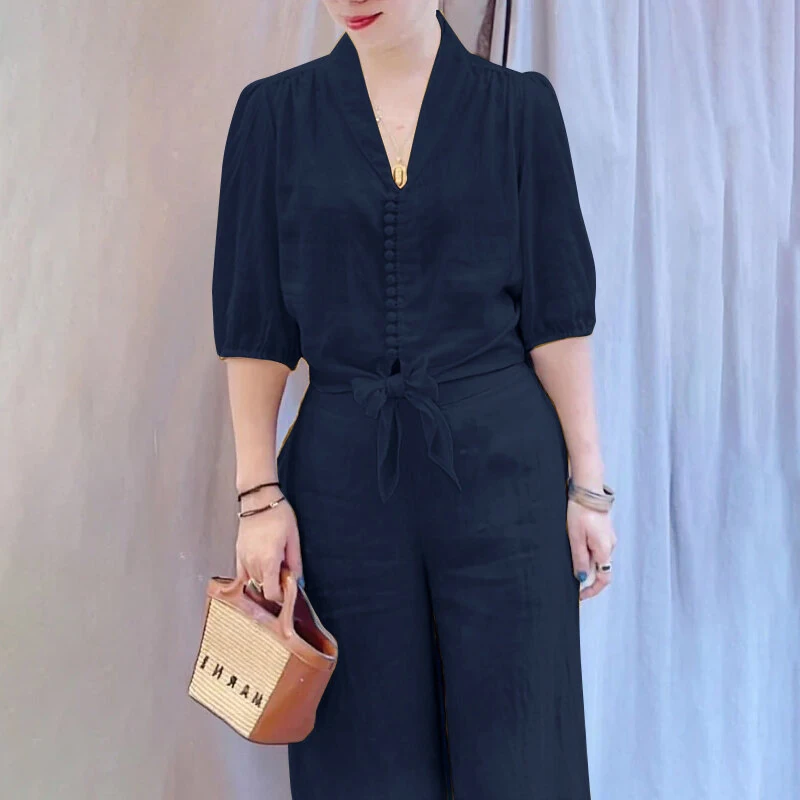 (image for)  Women Summer Daily Two-Piece Set Stylish Bubble-sleeve Cotton Linen Top & Wide-leg Pants Casual Set Plus Size