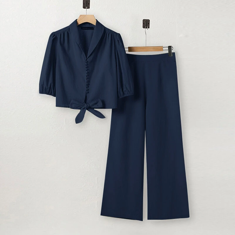 (image for)  Women Summer Daily Two-Piece Set Stylish Bubble-sleeve Cotton Linen Top & Wide-leg Pants Casual Set Plus Size