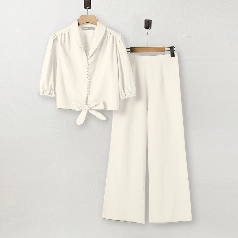 (image for)  Women Summer Daily Two-Piece Set Stylish Bubble-sleeve Cotton Linen Top & Wide-leg Pants Casual Set Plus Size