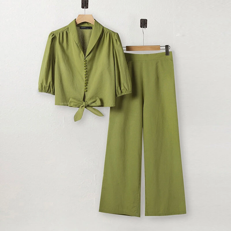 (image for)  Women Summer Daily Two-Piece Set Stylish Bubble-sleeve Cotton Linen Top & Wide-leg Pants Casual Set Plus Size