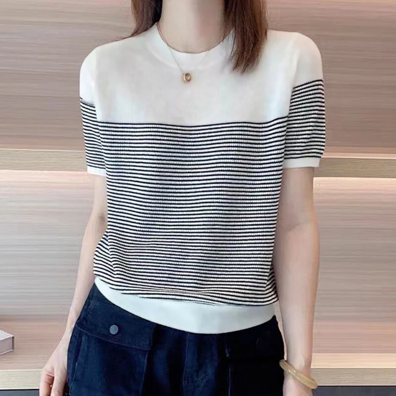 (image for)  Women Summer T Shirt Vintage Striped Short Sleeve Tee Korean Fashion Round Neck Patchwork Tunics Casual Knitted Tops